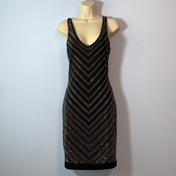 Cache vintage studded rhinestone little black dress Dress stretch sleeveless SML - Picture 3 of 10
